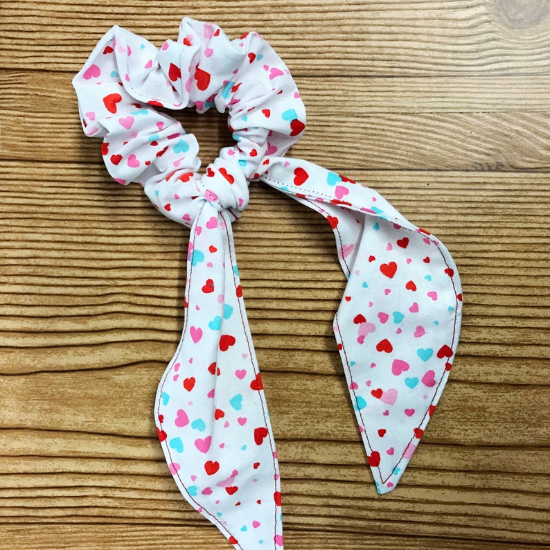Pink Hair Accessory Love Red Valentine/'s Day White with Colored Hearts Tailed Hair Scrunchie Teal Scrunchies