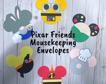 Pixar Friends Mousekeeping Envelopes | Money Tip Envelope | Disney Gift Card Holder | Wall-E | Vanelope |  Incredibles | Remy | Up |