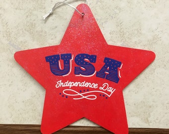 Wooden Star Wall Hanging | Red | 4th of July | Independence Day | Patriotic | Americana | Stars and Stripes | Shimmer | Painting | USA