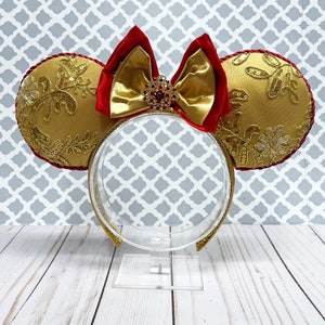 Deluxe Belle Inspirado Minnie Orejas / Mickey Orejas / Orejas de Ratón / Diadema / Arco / Princesa / encaje / Bella y la Bestia / BATB / Oro / Rojo