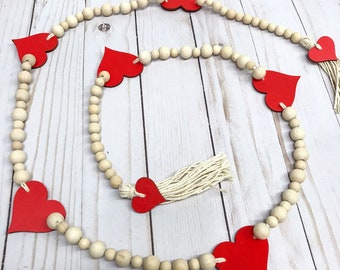 Wood Bead Garland with Hearts | Valentine's Day Garland | Red Wood Hearts |