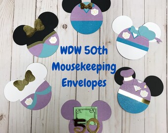 WDW 50th Anniversary Mousekeeping Envelopes | Set of 6 | Money Tip Envelope | Gift Card Holder | Mickey | Minnie | Goofy | Donald | Daisy
