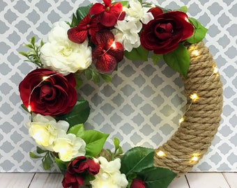 Lighted Jute Wreath with Red and White Flowers