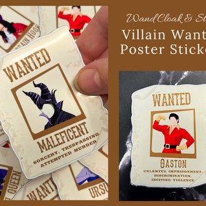 Disney Villain Hand-drawn Die Cut Sticker | Wanted Poster | Disney | Stickers | Cruella | Maleficent | Ursula | Gaston | Evil Queen