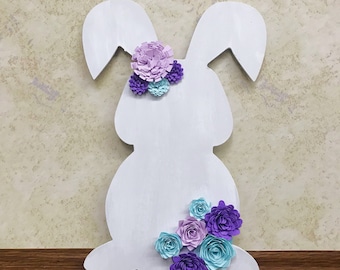 Wood Easter Bunny with Paper Flowers Decor | Wall Hanging | Easel Back | Holiday Decoration | Nursery | Rabbit | Bunny