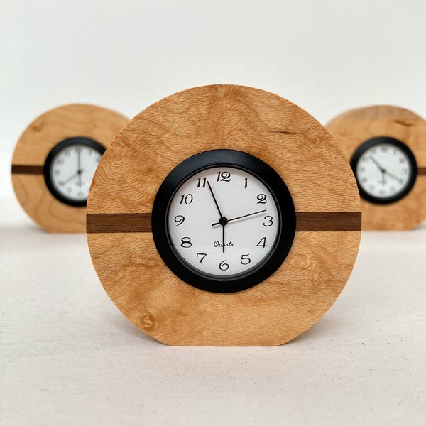 Horizon Clock in Birdseye Maple and Salvaged Walnut, Small Bedside Clock, Office Clock