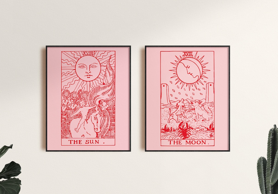 The Sun and Moon Tarot Card Print Set, 2 Prints, Tarot Deck Print, Pink ...