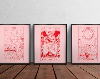 Set of 3 Tarot Prints, Tarot Card Print, The Star, The Lovers, The Moon, Office print, Witch Print, Tarot Card Wall Art, A3 A4, Print set