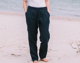 Linen pants 100% Pure washed soft linen mid-raised straight casual summer pants/trousers with elastic waistband and pockets in custom size
