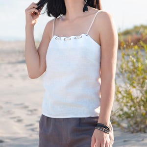 Linen Summer Top: Boho Casual White Strap Top