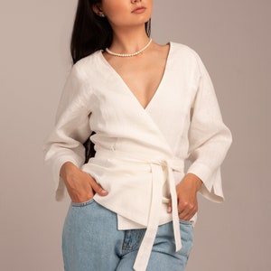 100% linen simple white wrap blouse with 3/4 sleeves and shawl collar v neckline made to order for boho, formal, wedding event/occasion image 1