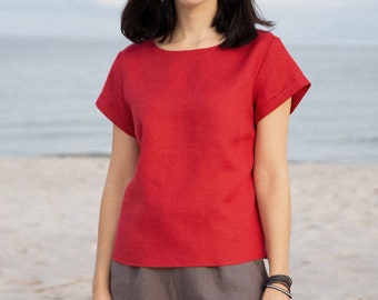 Blusa casual de verano de lino para mujer con escote redondo, top rojo boho de verano de lino, camiseta de lino sencilla para verano, deporte y dormir