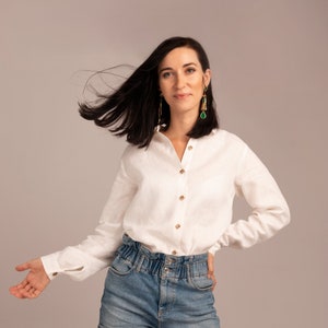 Linen white casual blouse with buttons for women, simple longsleeve vintage boho summer linen shirt, formal white blouse for women