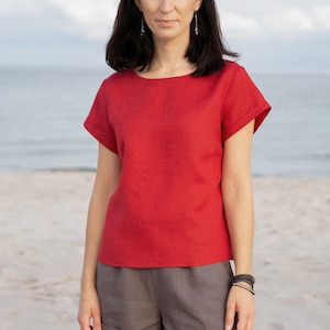 Linen casual summer blouse for woman with crew neckline, linen summer boho red top, simple linen t-shirt for summer, sport and sleep image 1