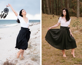 Linen vintage-inspired loose pleat high-waist maxi skirt with a belt from summer, simple summer boho linen black maxi skirt for woman,