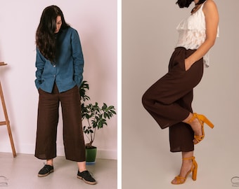 Linen simple straight casual summer curvy pants for women, vintage formal brown linen summer trousers with mid rise, boho linen pants