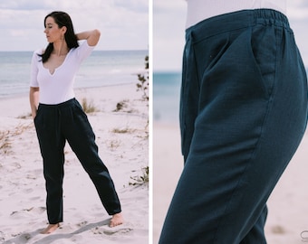Pantalones/pantalones rectos casuales de verano 100% puro lavado de lino suave con cintura media elástica y bolsillos en tamaño personalizado hecho a pedido