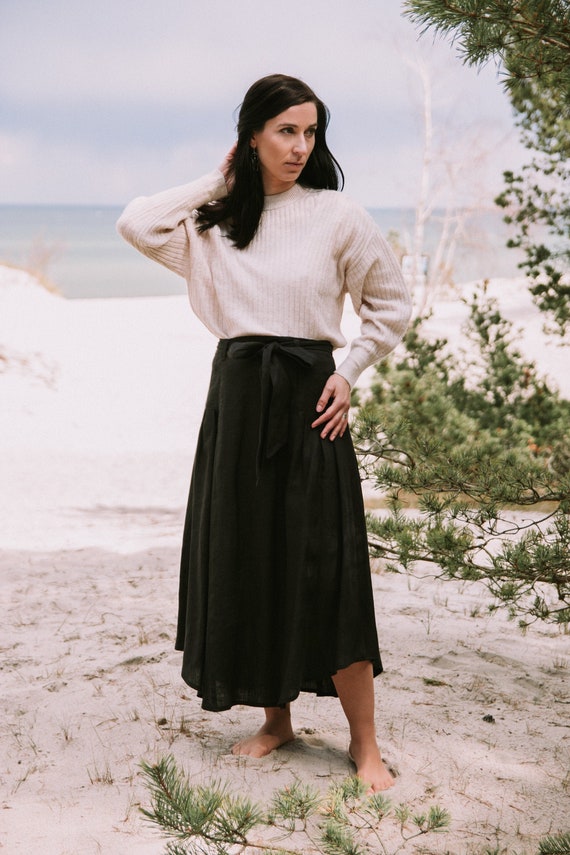 Linen Vintage High-waist Maxi A-line Skirt With a Belt for Summer, Simple  Summer Boho Linen Black Maxi Skirt for Woman 
