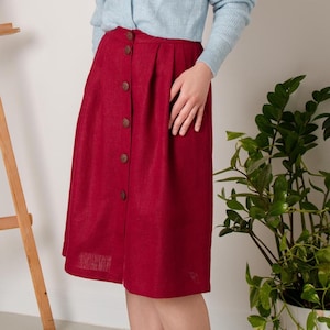 Natural Linen Front Button-Down Straight Wide Loose Midi Skirt with Elastic Waisband and Pockets in Formal Minimal Casual Boho Vintage Style