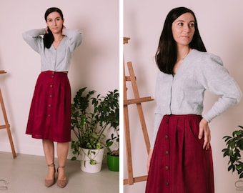 Linen Button-Down midi boho skirt with pockets, linen maroon vintage casual midi skirt with buttons, simple straight circle linen skirt
