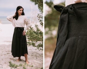 Linen vintage high-waist maxi a-line skirt with a belt for summer, simple summer boho linen black maxi skirt for woman