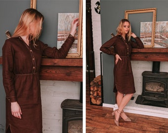 Linen casual midi collared shirtdress for women with buttons and long sleeves, boho pure linen midi buttoned brown dress