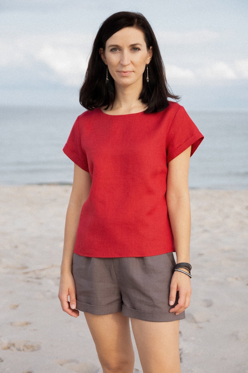 Linen casual summer blouse for woman with crew neckline, linen summer boho red top, simple linen t-shirt for summer, sport and sleep image 1