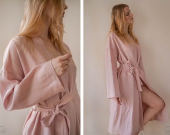 100% organic pure linen boho loose kimono dress/ minimalist bathrobe/ linen robe/pajama with wide sleeves and linen belt for home