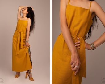 Linen Cutout Cami Maxi Dress in boho style for summer, linen vintage yellow summer dress, bohemian summer maxi slip dress