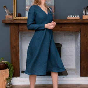 Natural Linen Loose Midi Dress with V-Neckline, Formal Linen Dress, Cocktail Linen Dress, Casual Linen Dress, Summer Linen Dress