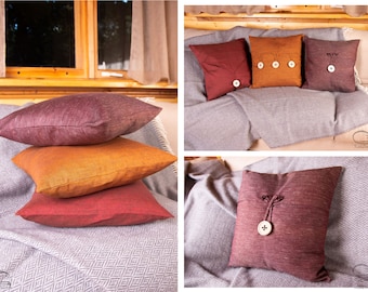 100% organic linen handmade decorative pillowcases with wooden buttons for boho home decor, bedding, living room in custom size