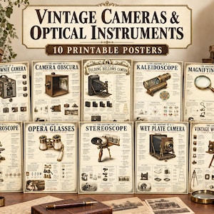 Könnte beinhalten: Eine Sammlung von zehn druckbaren Postern mit dem Titel Vintage Cameras & Optical Instruments, die detaillierte anatomische Diagramme von Objekten wie Box Brownie Camera, Camera Obscura, Folding Bellows Camera, Kaleidoscope und Magnifying Glass zeigen.