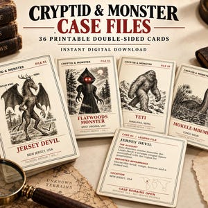 Puede incluir: Un conjunto de 36 tarjetas imprimibles de doble cara tituladas Cryptid & Monster Case Files. Las tarjetas presentan ilustraciones en blanco y negro de criaturas como el Jersey Devil, Flatwoods Monster, Yeti y Mokele-Mbembe con texto descriptivo.