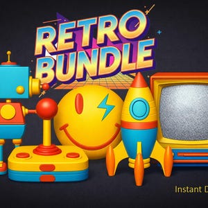 May include: A vibrant retro bundle illustration. It includes a robot, a smiley face with a lightning bolt, a rocket, a joystick, and a vintage television. The text "Retro Bundle" is displayed in a 3D style. "Instant Download" is also visible.