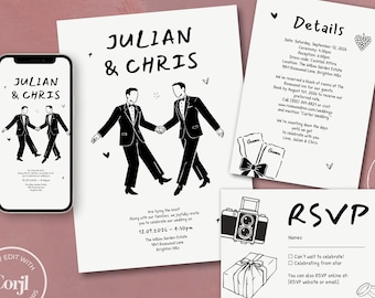 de Faire-part de mariage gay | Suite mariage pour personnes de même sexe | Illustration du marié, invitation RSVP Détails | Corjl modifiable | Moderne minimaliste