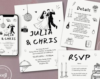Modèle de jeu de faire-part de mariage imprimable | Carte illustrée de détails d'invitation RSVP | Faire-part de mariage moderne modifiable Corjl A11