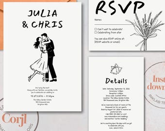 Modèles d'invitation de mariage | Suite minimaliste d'illustrations de couple | Lot d'invitations modernes | RSVP Carte détaillée | Corjl modifiable | A07