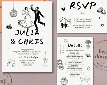 Modèle de jeu de faire-part de mariage imprimable | Carte illustrée de détails d'invitation RSVP | Faire-part de mariage moderne modifiable Corjl A10