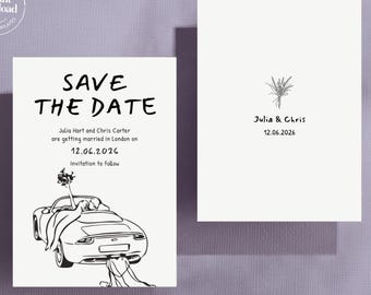 SAVE THE DATE Modèle | de mariage minimaliste en noir et blanc | illustration de voiture dessinée à la main | style manuscrit | moderne | A05