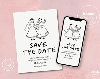 SAVE THE DATE Modèle | Faire-part de mariage lesbien | Carte pour couples de même sexe | Illustration dessinée à la main | Design minimaliste | Corjl modifiable | A08