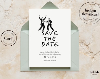 SAVE THE DATE Modèle | de mariage minimaliste en noir et blanc | illustration de deux mariés | dessinés à la main | style manuscrit | A04