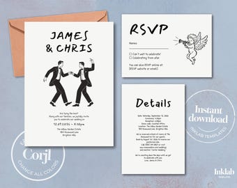 Modèle pour faire-part de mariage | suite minimaliste en noir et blanc | illustration de deux mariés | dessinés à la main | style manuscrit | numérique | A04