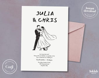 Modèle d'invitation de mariage | invitation minimaliste en noir et blanc | illustration de couple dessiné à la main | style manuscrit | moderne | A05