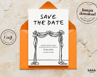 SAVE THE DATE Modèle | Faire-part d'arche de mariage | Design minimaliste | Cadre floral dessiné à la main | carte de mariage moderne | Corjl modifiable | A07