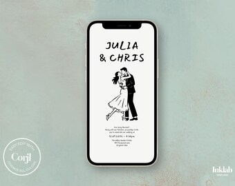 Modèle d'invitation de mariage | Invitation minimale d'illustration de couple | carte de mariage moderne | Marié dessiné main | Corjl modifiable | A07