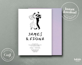 Modèle d'invitation de mariage | double face | invitation minimaliste en noir et blanc | illustration de couple dessiné à la main | manuscrite | A03