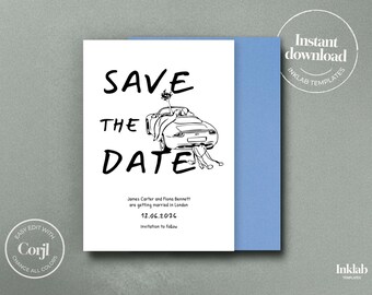 modèle SAVE THE DATE | faire-part de mariage moderne, voiture de voyage illustrée, police manuscrite ludique, noir et blanc minimaliste | A03
