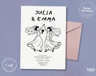 Modèle d'invitation de mariage | Faire-part de couple de lesbiennes | Carte de mariage homosexuel | Mariées dessinées à la main | Design minimaliste | Corjl modifiable | A08