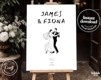 Modèle de PANNEAU DE BIENVENUE | signe de mariage noir et blanc minimaliste | illustration de couple dessiné à la main | style manuscrit | moderne | numérique |A03