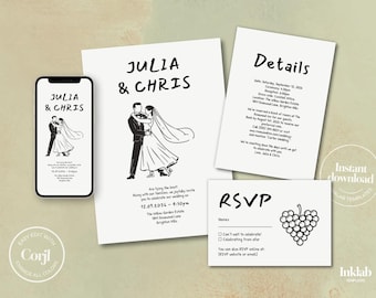 Modèle pour faire-part de mariage | suite minimaliste en noir et blanc | illustration de couple dessiné à la main | style manuscrit | moderne | A05